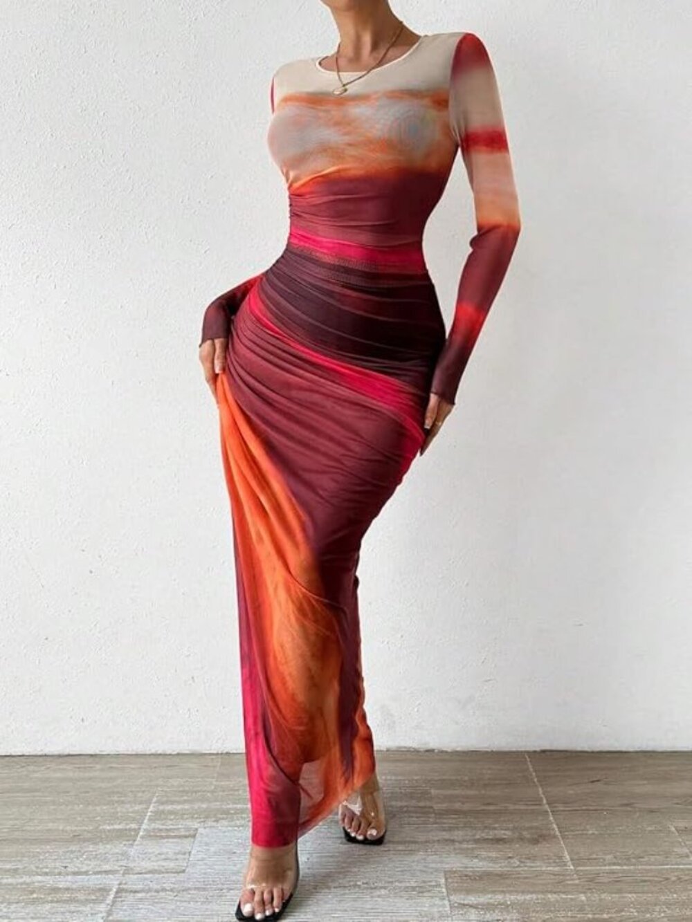 Women's Tie Dye Long Sleeve Maxi Dress Mesh Bodycon Ruched Dress - Size: Small - Picture 5 of 14